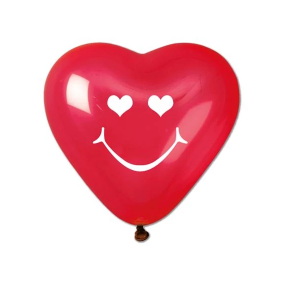 Léggömb, 40 cm, szív alakú, smiley, piros