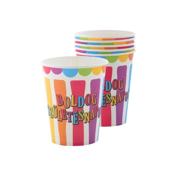 Pohár, papír, 2,5 dl, "Boldog születésnapot", csíkos-pöttyös