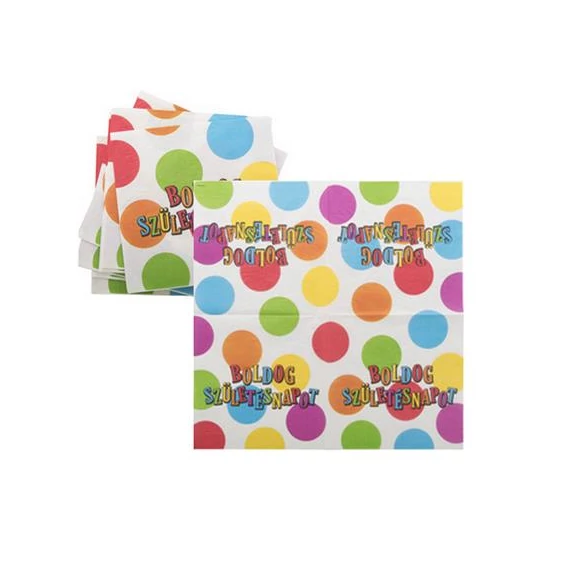 Szalvéta, 33x33cm, "Boldog születésnapot", csíkos-pöttyös