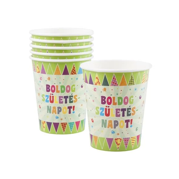 Pohár, papír, 2,5 dl, "Boldog születésnapot", zászlós