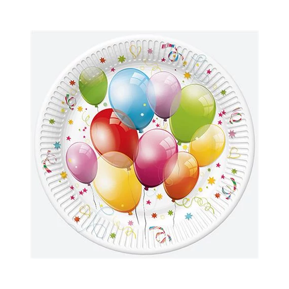 Tányér, papír, 23 cm, léggömb minta