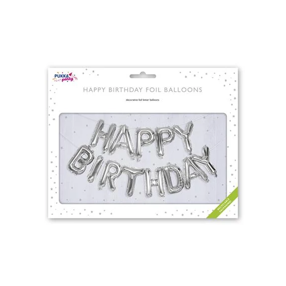 Léggömb, 40 cm, PUKKA PAD "Happy Birthday", ezüst