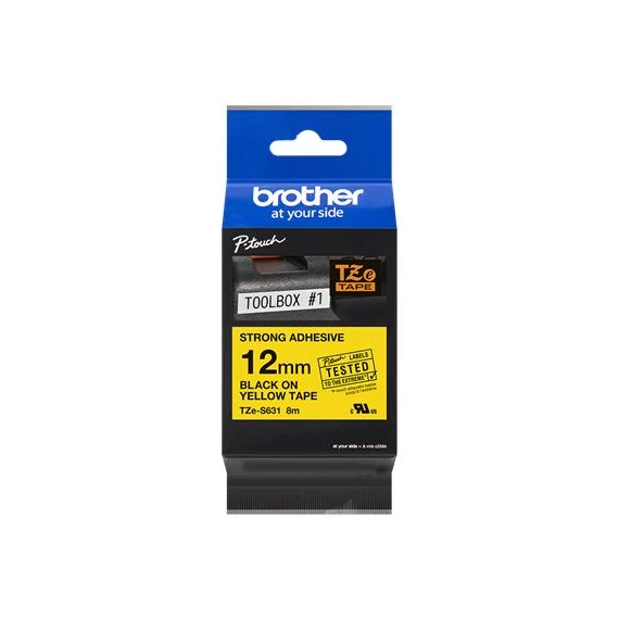 Feliratozógép szalag, erős tapadású, 12 mm x 8 m, BROTHER, "Professzionális TZe-S631" sárga-fekete