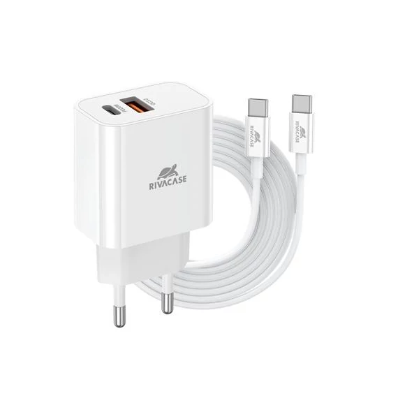 Hálózati töltő, 20W, USB-A és USB-C, USB-C, USB-C/USB-C töltőkábel, RIVACASE "PS4102", fehér