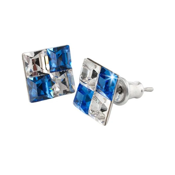 Fülbevaló, négyzet, zafírkék-fehér SWAROVSKI® kristállyal, 8mm, ART CRYSTELLA®