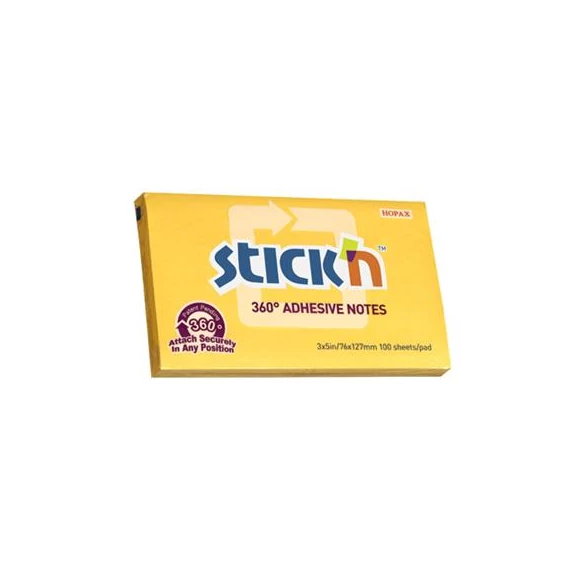 Öntapadó jegyzettömb, 76x127 mm, 100 lap, STICK N, sárga
