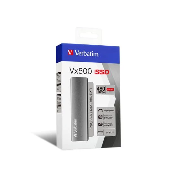SSD (külső memória), 480 GB, USB 3.2 Gen2, VERBATIM "Vx500", szürke
