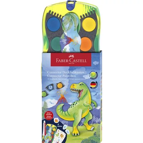 Vízfesték, 12 darabos, összeilleszthető, FABER-CASTELL "Dinoszaurusz"+1 tubus fehér tempera + dinoszaurusz matrica