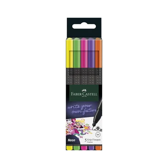 Tűfilc készlet, 0,4 mm, FABER-CASTELL "Grip", 5 különböző neon szín
