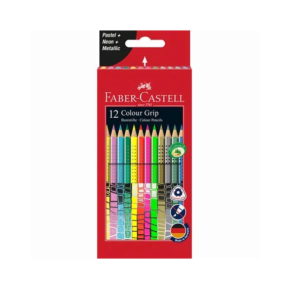 Színes ceruza készlet, háromszögletű, FABER-CASTELL "Colour Grip", 12 különböző szín