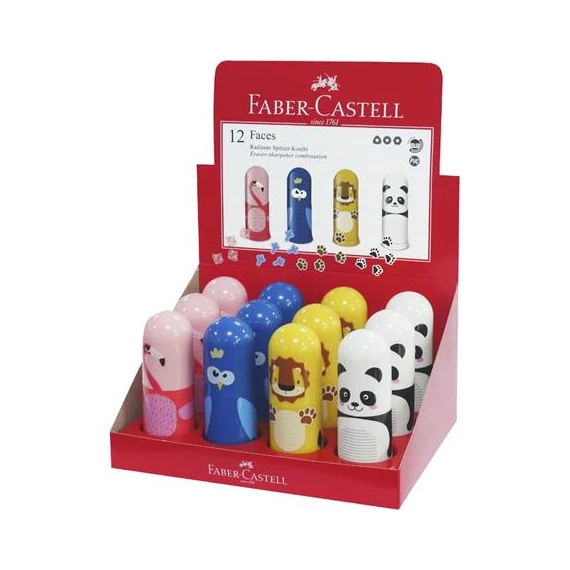 Hegyező, egylyukú, tartályos, radírral, display, FABER-CASTELL "Faces", vegyes minták