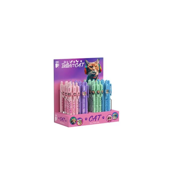 Golyóstoll display, 0,8 mm, nyomógombos, cicás tolltest, ICO "Cat", kék Golyóstoll display, 0,8 mm, nyomógombos, cicás tolltest, ICO "Cat", kék