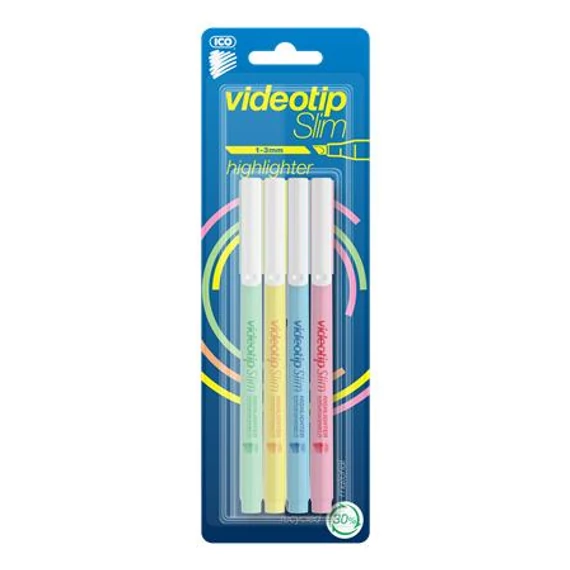 Szövegkiemelő készlet, 1-3 mm, ICO "Videotip Slim", 4 különböző pasztell szín