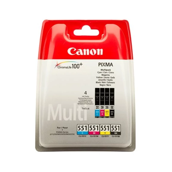 CLI-551KIT Tintapatron multipack Pixma iP7250, MG5450 nyomtatókhoz, CANON, b+c+m+y, 4*7ml