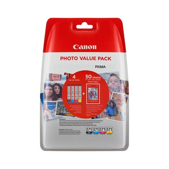 CLI-571XLKIT Tintapatron multipack Pixma MG 5700, 6800, 7700 nyomtatókhoz, CANON, b+c+m+y, + PP201 (50lap 10x15) papír