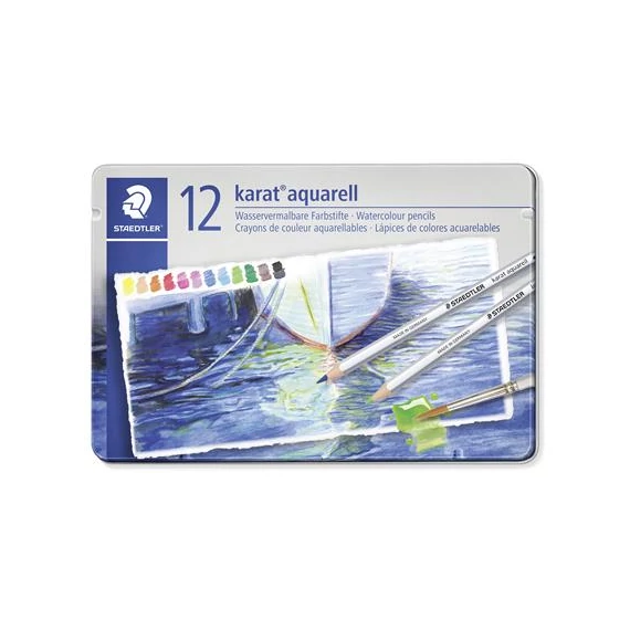 Akvarell ceruza készlet, hatszögletű, fém doboz, STAEDTLER "Karat® aquarell 125", 12 különböző szín