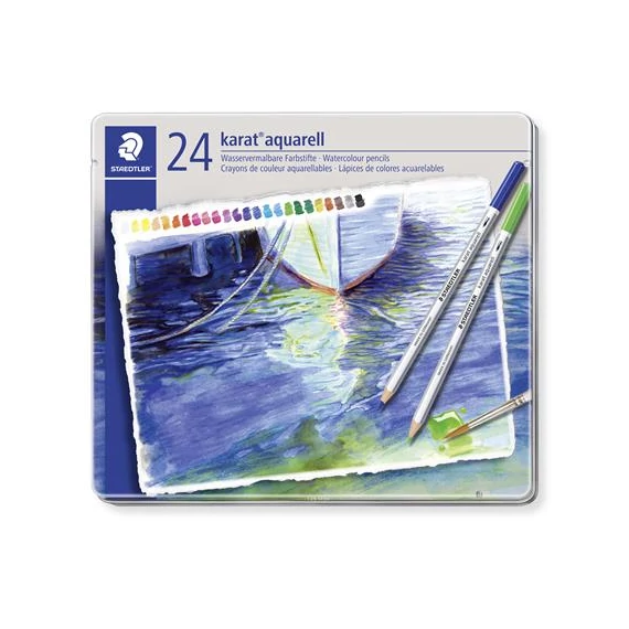Akvarell ceruza készlet, hatszögletű, fém doboz, STAEDTLER "Karat® aquarell 125", 24 különböző szín