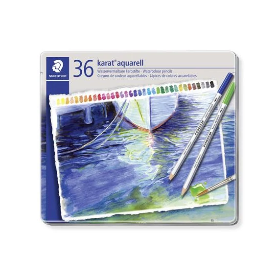 Akvarell ceruza készlet, hatszögletű, fém doboz, STAEDTLER "Karat® aquarell 125", 36 különböző szín