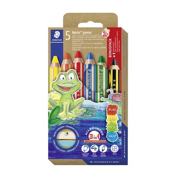 Színes ceruza készlet, grafitceruzával, hegyezővel, STAEDTLER "Noris® junior 140", 5+1 különböző szín