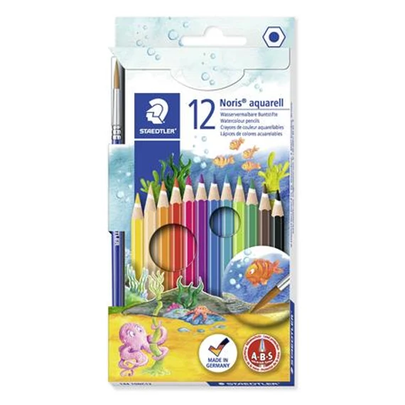 Akvarell ceruza készlet, hatszögletű, ecsettel, STAEDTLER "Noris® aquarell 144 10", 12 különböző szín Akvarell ceruza készlet, hatszögletű, ecsettel, STAEDTLER "Noris® aquarell 144 10", 12 különböző szín