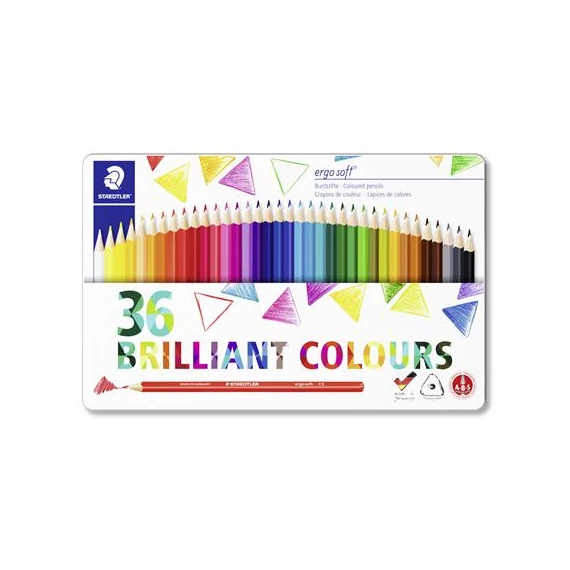 Színes ceruza készlet, háromszögletű, fémdobozos, STAEDTLER "Ergo Soft 157", 36 különböző szín