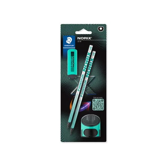 Grafitceruza készlet, hegyezővel, radírral, HB, STAEDTLER "Norix® 181", franciazöld