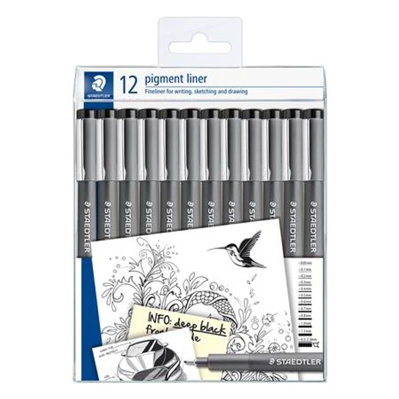 Tusfilc készlet, 12 különböző vonalvastagság, STAEDTLER "Pigment Liner 308", fekete