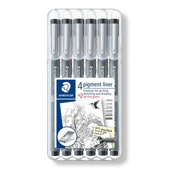 Tusfilc készlet, STAEDTLER "Pigment Liner 308", fekete, 4+2 darab