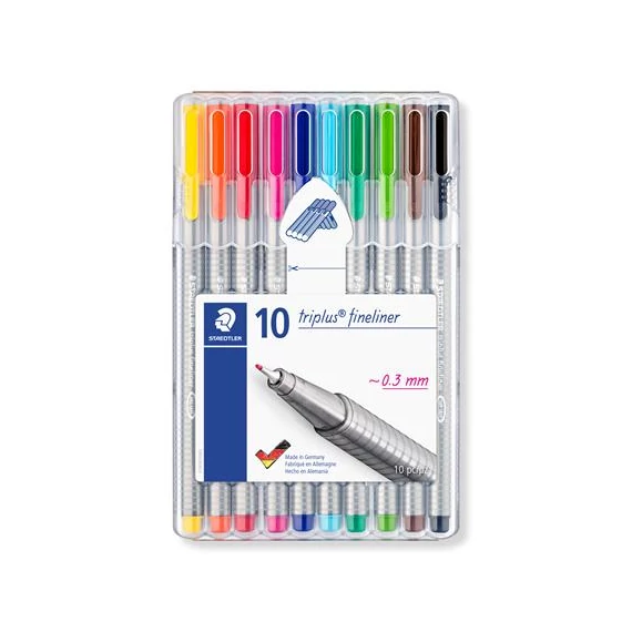 Tűfilc készlet, 0,3 mm, STAEDTLER "Triplus 334", 10 különböző szín