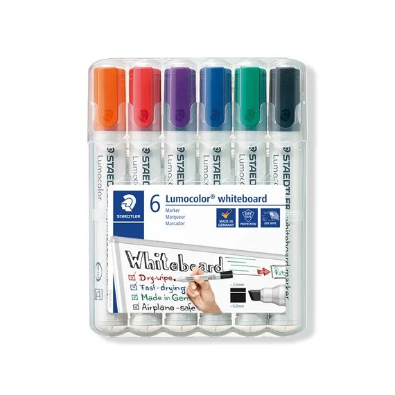 Táblamarker készlet, 2-5 mm, vágott, STAEDTLER "Lumocolor® 351 B", 6 különböző szín Táblamarker készlet, 2-5 mm, vágott, STAEDTLER "Lumocolor® 351 B", 6 különböző szín