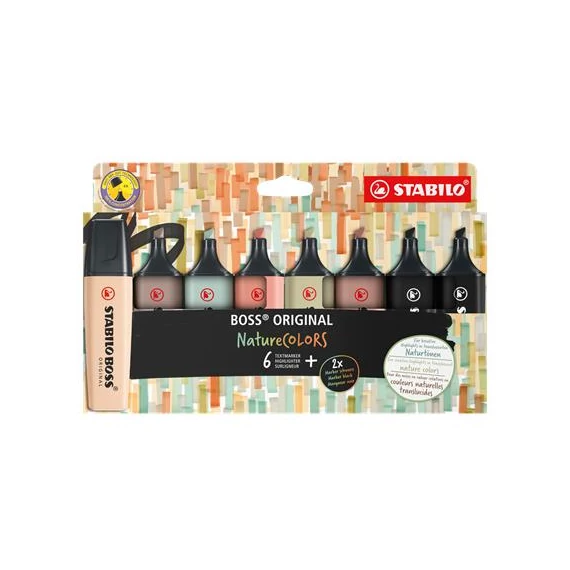 Szövegkiemelő készlet, 2-5 mm, STABILO "BOSS original NatureColors", 6 különböző szín + 2 fekete