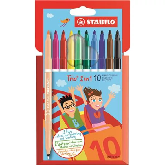 Filctoll készlet, 0,5-2 mm, kétvégű, STABILO "Trio 2 in 1", 10 különböző szín