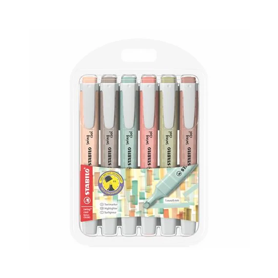 Szövegkiemelő készlet, 1-4 mm, STABILO "Swing cool NatureCOLORS", 6 különböző szín Szövegkiemelő készlet, 1-4 mm, STABILO "Swing cool NatureCOLORS", 6 különböző szín