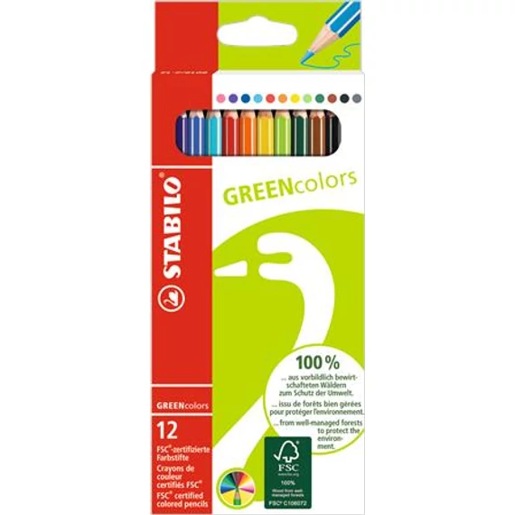 Színes ceruza készlet, hatszögletű, STABILO "GreenColors", 12 különböző szín Színes ceruza készlet, hatszögletű, STABILO "GreenColors", 12 különböző szín