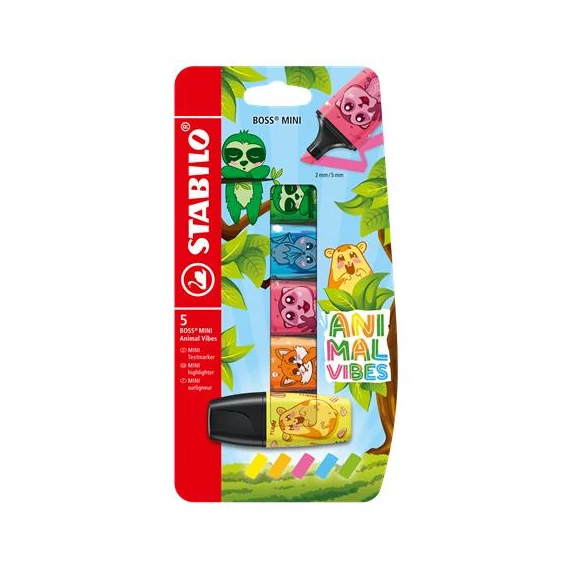 Szövegkiemelő készlet, 2-5 mm, STABILO "Boss Mini Animal Vibes", 5 különböző szín