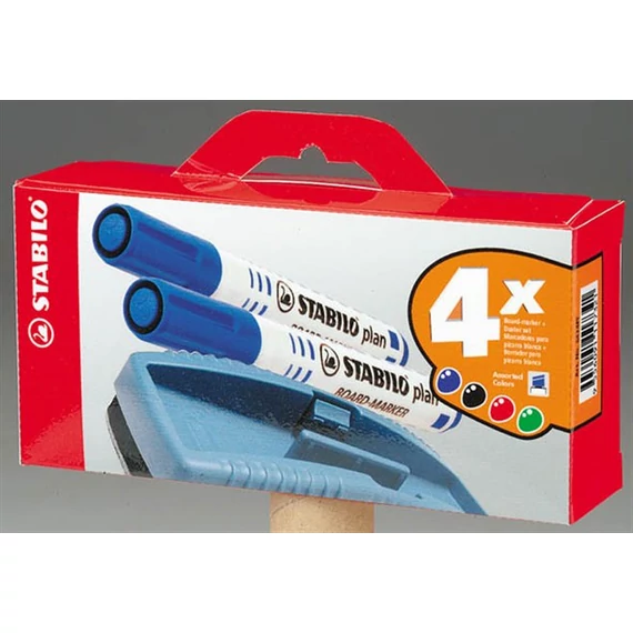 Táblamarker készlet, 2,5-3,5 mm, kúpos, szivaccsal, STABILO "Plan", 4 különböző szín Táblamarker készlet, 2,5-3,5 mm, kúpos, szivaccsal, STABILO "Plan", 4 különböző szín