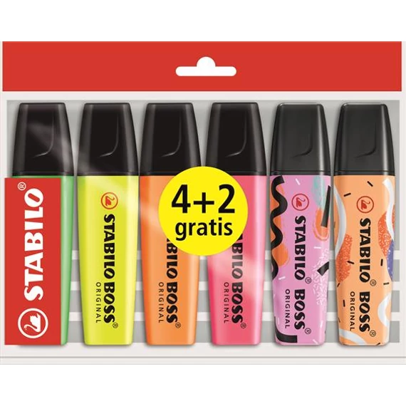 Szövegkiemelő készlet, 2-5 mm, STABILO "Boss Original", 4+2 különböző szín