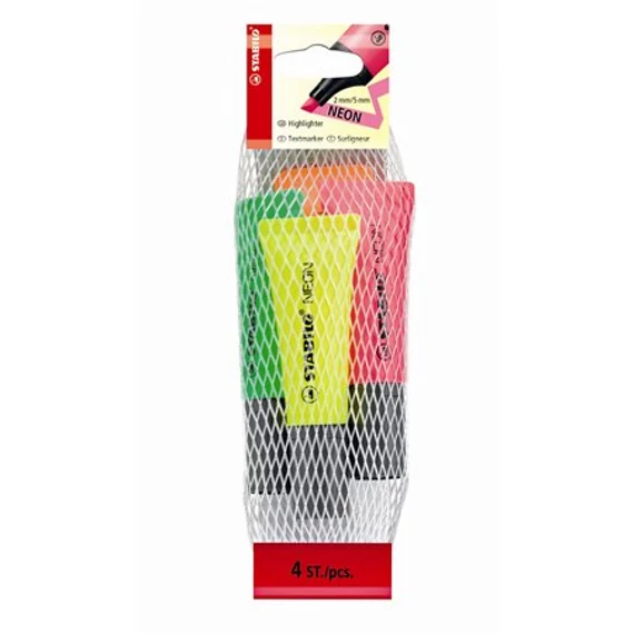 Szövegkiemelő készlet, 2-5 mm, STABILO "Neon", 4 különböző szín Szövegkiemelő készlet, 2-5 mm, STABILO "Neon", 4 különböző szín