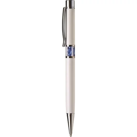 Golyóstoll, fehér, középen zafírkék SWAROVSKI® kristállyal töltve, 14cm, ART CRYSTELLA®