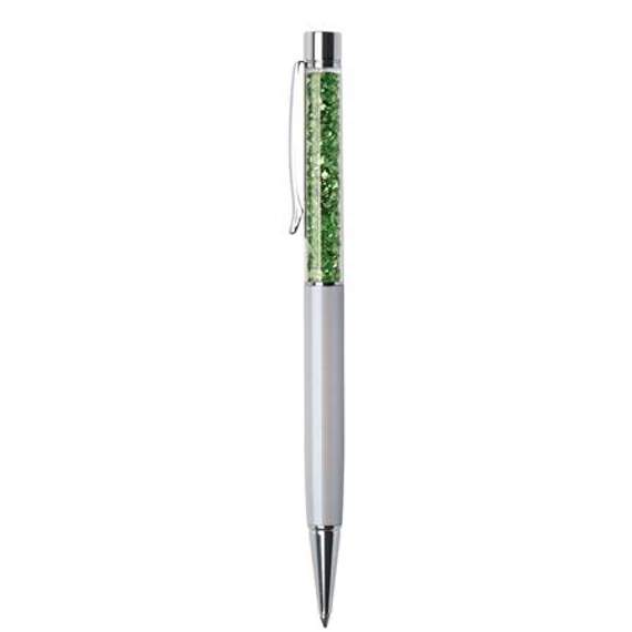 Golyóstoll, krémfehér, felül zöld SWAROVSKI® kristállyal töltve, 14 cm, ART CRYSTELLA®