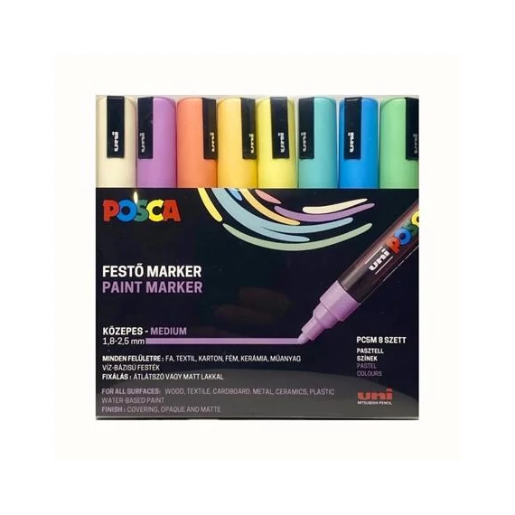 Dekormarker készlet, 1,8-2,5 mm, UNI "Posca PC-5M", 8 különböző pasztell szín Dekormarker készlet, 1,8-2,5 mm, UNI "Posca PC-5M", 8 különböző pasztell szín