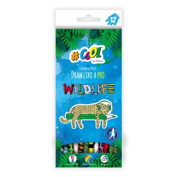 Színes ceruza készlet, háromszögletű, COOL BY VICTORIA "Wildlife", 12 különböző szín