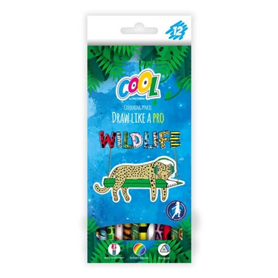 Színes ceruza készlet, háromszögletű, COOL BY VICTORIA "Wildlife", 12 különböző szín