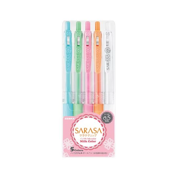 Zseléstoll készlet, 0,33 mm, nyomógombos, ZEBRA "Sarasa Clip Milk", 5 vegyes pasztell szín