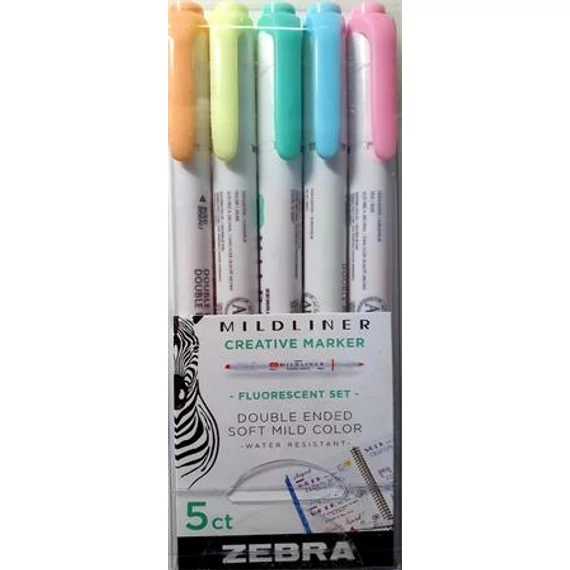 Szövegkiemelő készlet, 1,4/4,0 mm, kétvégű, ZEBRA "Mildliner Fluorescent", 5 szín