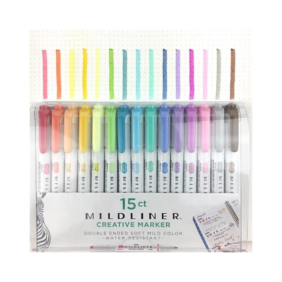 Szövegkiemelő készlet, 1,4/4 mm, kétvégű, ZEBRA "Mildliner Highlighter", 15 különböző szín