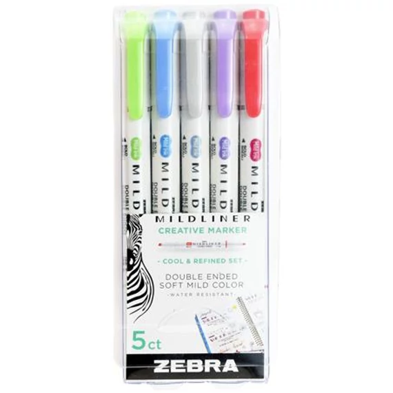 Szövegkiemelő készlet, 1,4/4,0 mm, kétvégű ZEBRA "Mildliner Cool & Refined" 5 szín