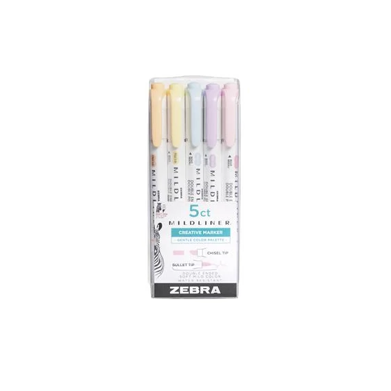 Szövegkiemelő készlet, 1,4/4 mm, kétvégű, ZEBRA "Mildliner Highlighter Gentle", 5 különböző szín