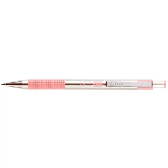 Golyóstoll, 0,24 mm, nyomógombos, rozsdamentes acél, pasztell rózsaszín tolltest, ZEBRA "F-301", kék