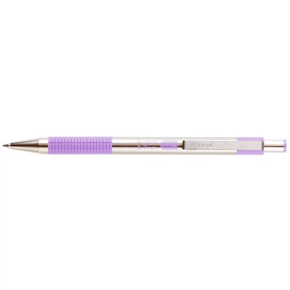 Golyóstoll, 0,24 mm, nyomógombos, rozsdamentes acél, pasztell-lila tolltest, ZEBRA "F-301", kék